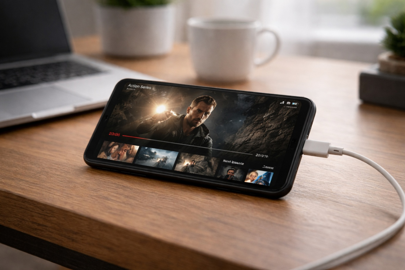Android phone charging with a cable while a video plays on the screen