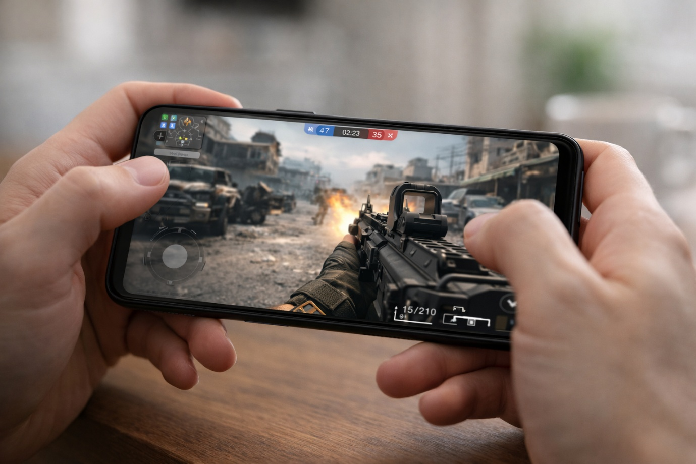 Person playing a high-graphics mobile game on an Android smartphone