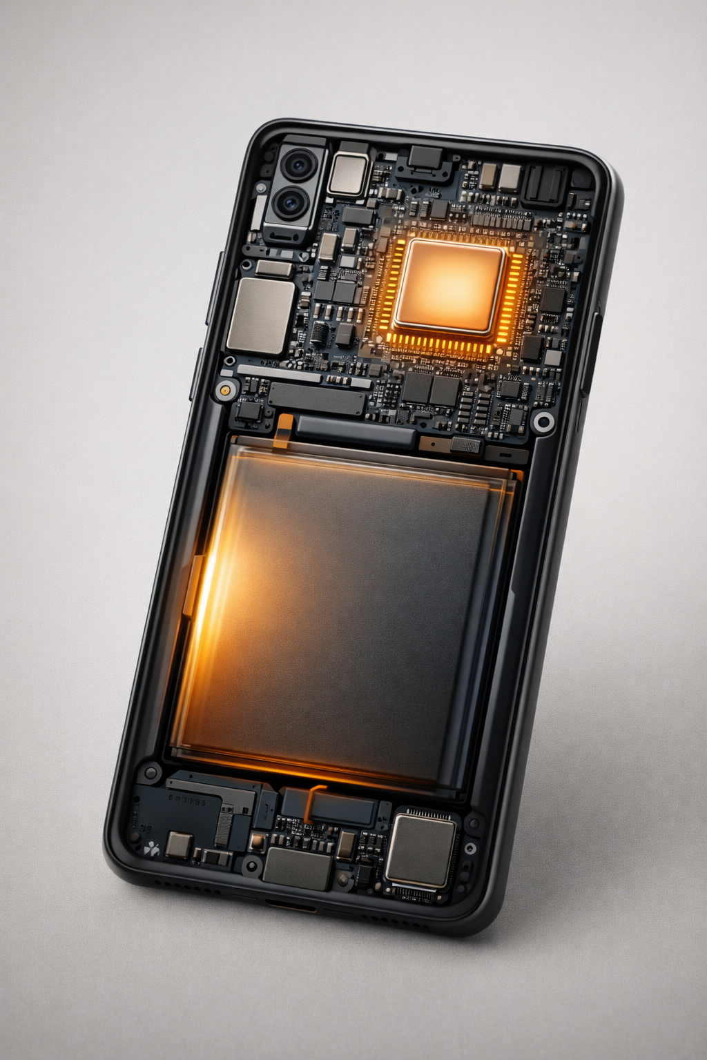 Smartphone internal components showing processor and battery heat buildup