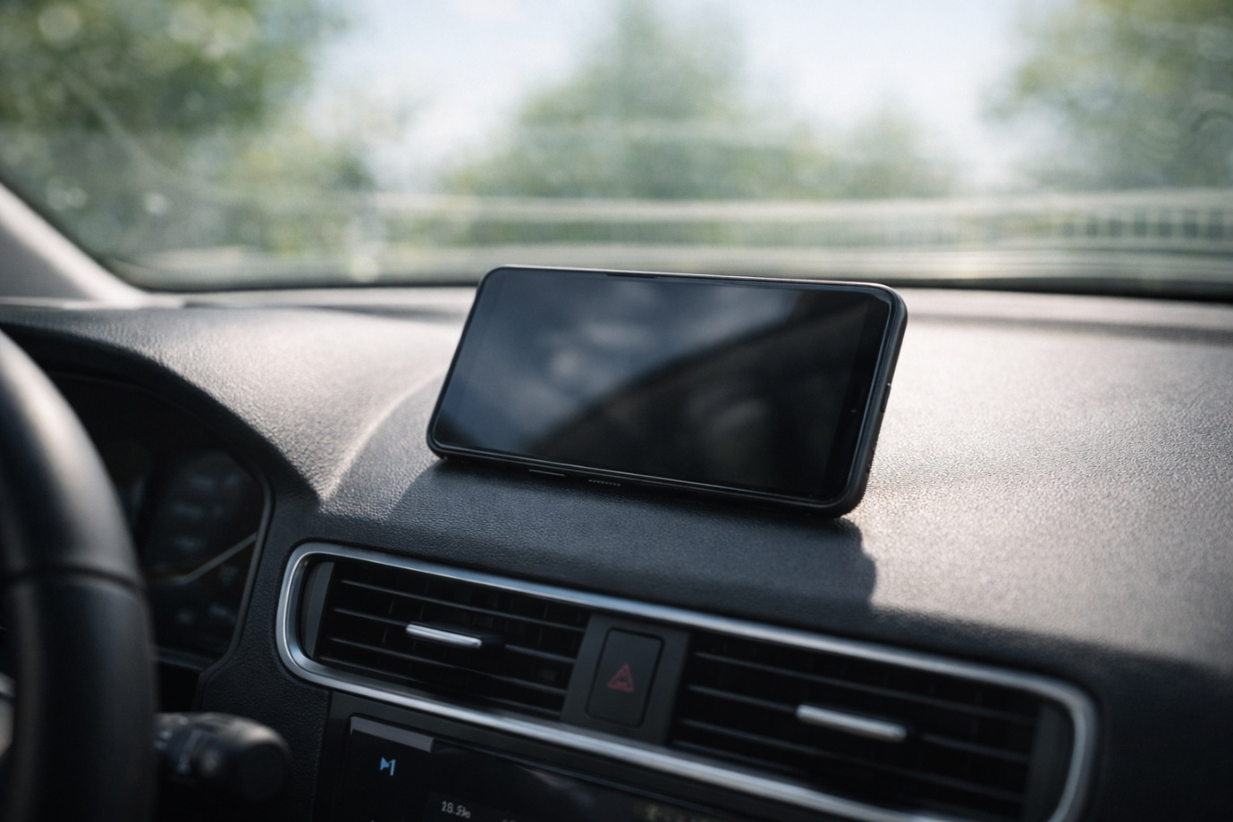Smartphone left on a car dashboard in direct sunlight
